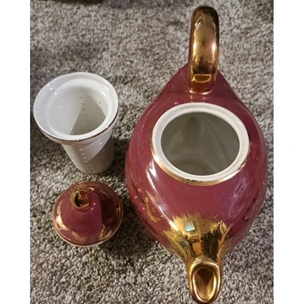 Vtg Hall Aladdin Teapot Gold Swag Maroon/Gold W/tea Strainer 6 Cup  Made USA